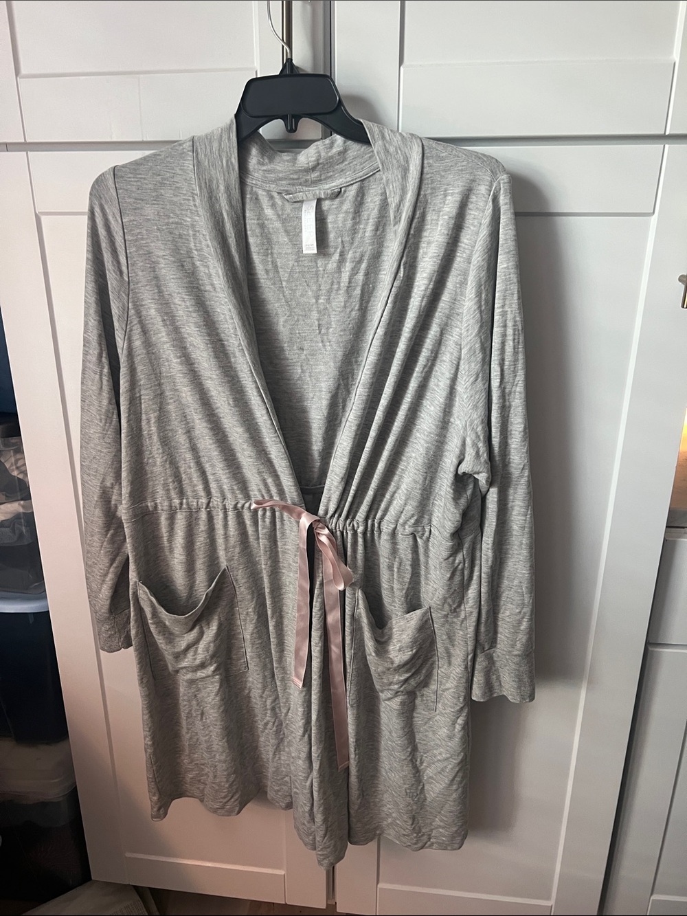 Cacique Heather Gray Knit Robe with Pink Satin Tie